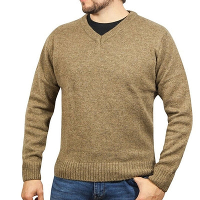 100% Shetland Ragg Wool V Neck Knit Jumper Pullover Mens Sweater Knitted - Nutmeg - XXL