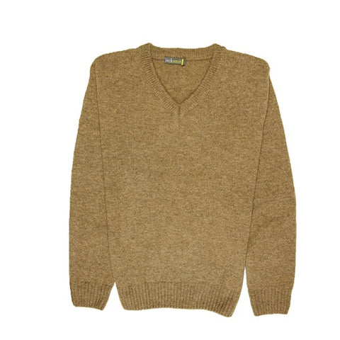 100% Shetland Ragg Wool V Neck Knit Jumper Pullover Mens Sweater Knitted - Nutmeg