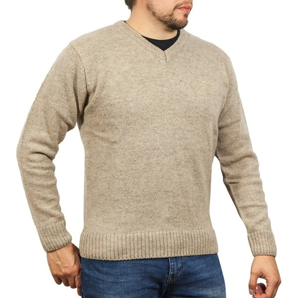 100% Shetland Ragg Wool V Neck Knit Jumper Pullover Mens Sweater Knitted - Oat Marle - M