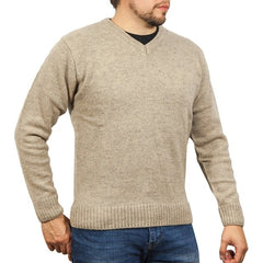100% Shetland Ragg Wool V Neck Knit Jumper Pullover Mens Sweater Knitted - Oat Marle - S