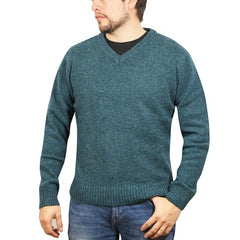 100% Shetland Ragg Wool V Neck Knit Jumper Pullover Mens Sweater Knitted - Sherwood - L