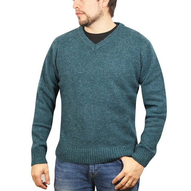100% Shetland Ragg Wool V Neck Knit Jumper Pullover Mens Sweater Knitted - Sherwood - XXL