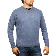 100% Shetland Ragg Wool V Neck Knit Jumper Pullover Mens Sweater Knitted - Sky - XL