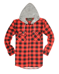 Mens Cotton Flannelette Shirt w Jersey Hood Long Sleeve Flannel - Red/Black - 3XL
