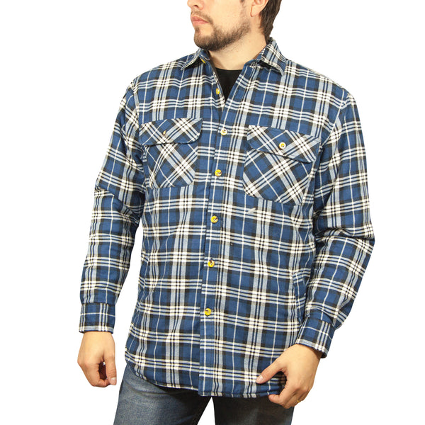 Jacksmith Quilted Flannelette Shirt Mens Jacket 100% Cotton Padded Warm Winter Flannel - Navy/Light Blue - 3XL