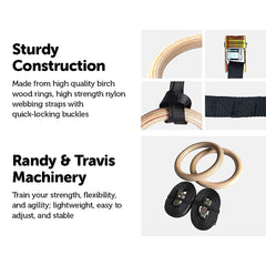 Birch Wood Gymnastic Rings with Adjustable Straps – Strength & Calisthenics Training