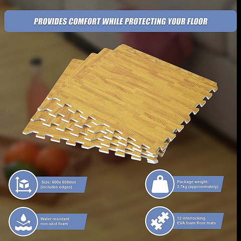12 Tile EVA Interlocking Gym Floor Mats Wood Colour for Home Yoga