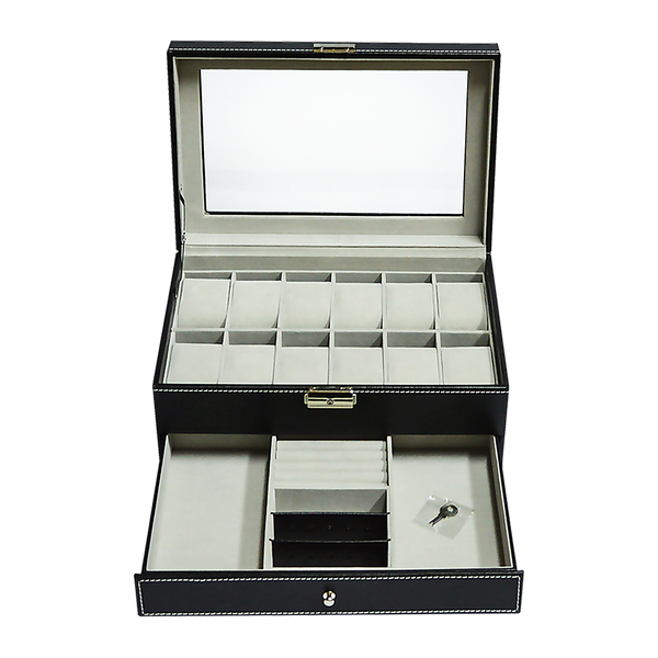 12 Grids Watch Display Case Leather jewellery Storage Box Organiser Lock Key