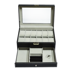 12 Grids Watch Display Case Leather jewellery Storage Box Organiser Lock Key