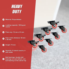 8 x 2" Polyurethane Castor Wheels - Swivel and 4 with brake