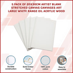 5 pack of 20x30cm Artist Blank Stretched Canvas Canvases Art Large White Range Oil Acrylic Wood