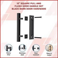12" Square Pull and Flush Door Handle Set Black Barn Door Hardware