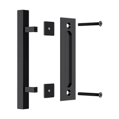 12" Square Pull and Flush Door Handle Set Black Barn Door Hardware