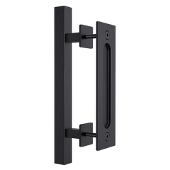 12" Square Pull and Flush Door Handle Set Black Barn Door Hardware