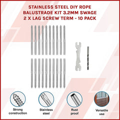 Stainless Steel DIY Rope Balustrade Kit 3.2mm Swage 2 x Lag Screw Term - 10 pack