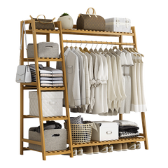 Portable Clothes Rack Coat Garment Stand Bamboo Rail Hanger Airer Closet