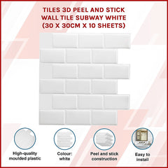Tiles 3D Peel and Stick Wall Tile Subway White (30 x 30cm x 10 sheets)