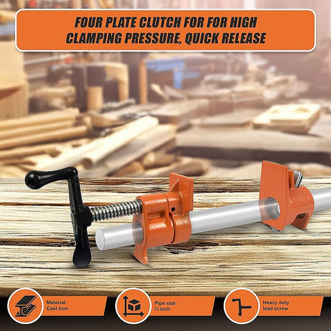 3/4" Wood Gluing Pipe Clamp Set (4 Pack) Heavy Duty PRO Woodworking Cast Iron