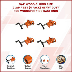 3/4" Wood Gluing Pipe Clamp Set (4 Pack) Heavy Duty PRO Woodworking Cast Iron