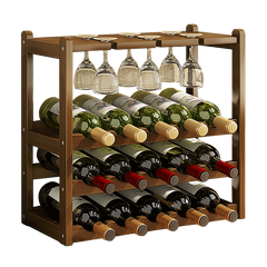 Bamboo Wine Rack Free Standing 15 Bottles with 6 Glasses Holder Storage in Dark Brown