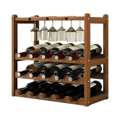 Bamboo Wine Rack Free Standing 15 Bottles with 6 Glasses Holder Storage in Dark Brown