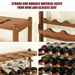 Bamboo Wine Rack Free Standing 15 Bottles with 6 Glasses Holder Storage in Dark Brown