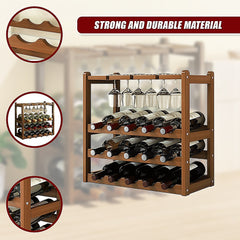 Bamboo Wine Rack Free Standing 15 Bottles with 6 Glasses Holder Storage in Dark Brown