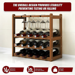 Bamboo Wine Rack Free Standing 15 Bottles with 6 Glasses Holder Storage in Dark Brown