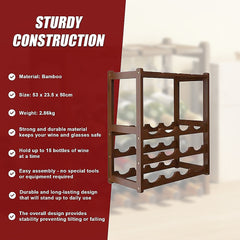 Bamboo Wine Rack Free Standing 15 Bottles with 6 Glasses Holder Storage in Dark Brown