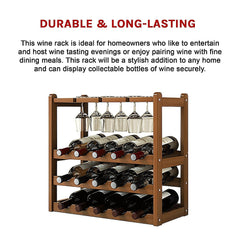 Bamboo Wine Rack Free Standing 15 Bottles with 6 Glasses Holder Storage in Dark Brown