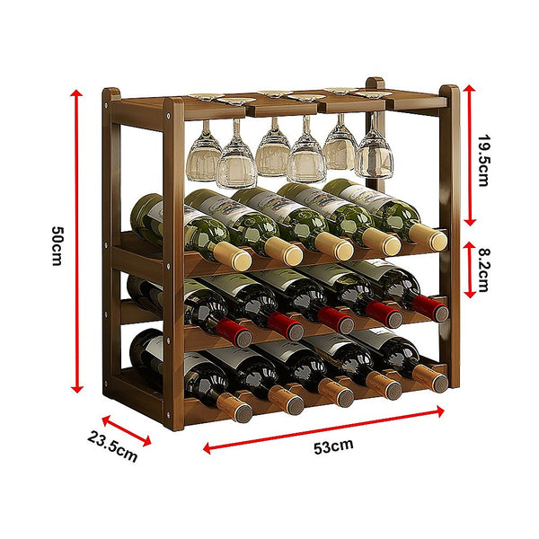 Bamboo Wine Rack Free Standing 15 Bottles with 6 Glasses Holder Storage in Dark Brown