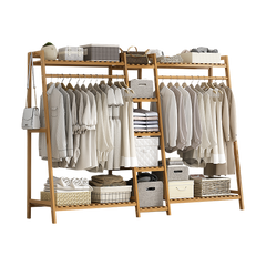 Portable Clothes Rack Coat Garment Stand Bamboo Rail Hanger Airer Closet