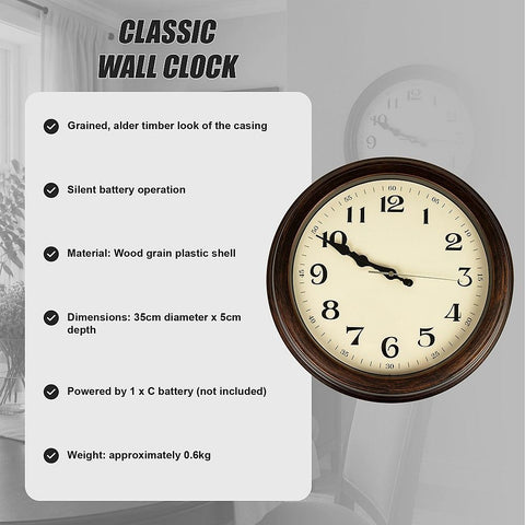 Classic Wall Clock Silent Non-Ticking Quartz Battery Operated Luxury Wood