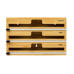 3 Grids Bamboo Food Wrap Dispenser Cutter Foil Cling Film Storage Holder Box Kitchen