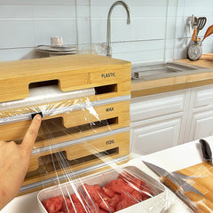 3 Grids Bamboo Food Wrap Dispenser Cutter Foil Cling Film Storage Holder Box Kitchen