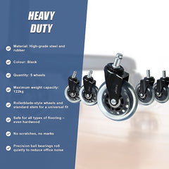 5x Office Chair Rollerblade Caster Wheels Safe for All Floors - Universal Fit