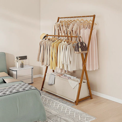 100x155cm Dark Wood Clothes Rail Garment Rack with Freestanding Storage Shelf