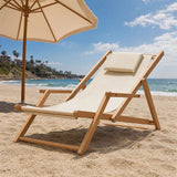 Premium Foldable Wooden Sling Chair Outdoor Patio Lounge Chair with Head Cushion