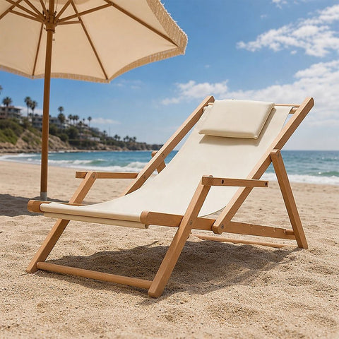 Premium Foldable Wooden Sling Chair Outdoor Patio Lounge Chair with Head Cushion
