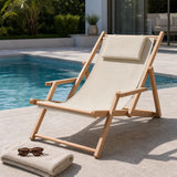Premium Foldable Wooden Sling Chair Outdoor Patio Lounge Chair with Head Cushion