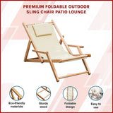 Premium Foldable Wooden Sling Chair Outdoor Patio Lounge Chair with Head Cushion