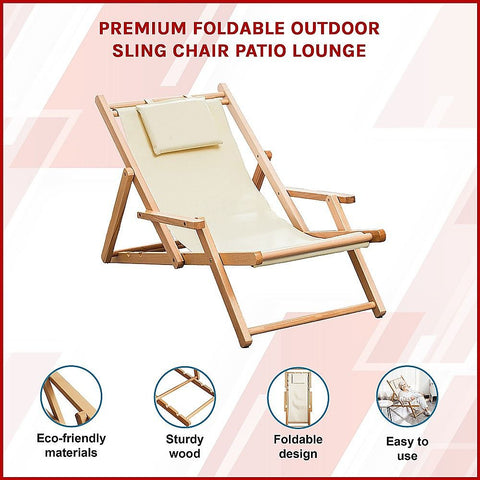 Premium Foldable Wooden Sling Chair Outdoor Patio Lounge Chair with Head Cushion
