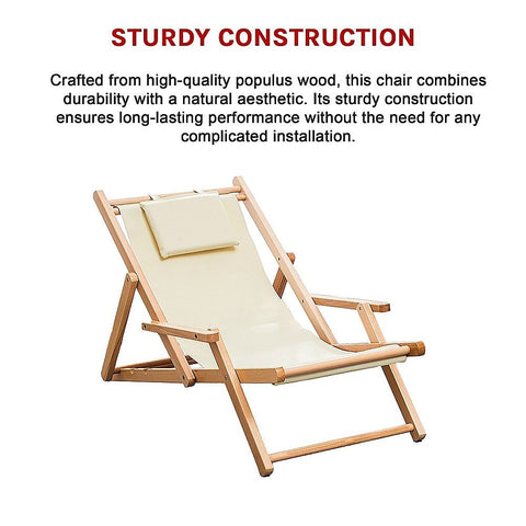 Premium Foldable Wooden Sling Chair Outdoor Patio Lounge Chair with Head Cushion