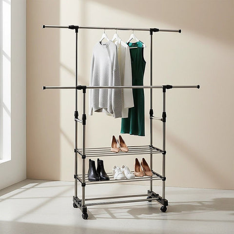 Heavy Duty Commercial Garment Rack Double Bar Rolling Collapsible Clothing Shelf