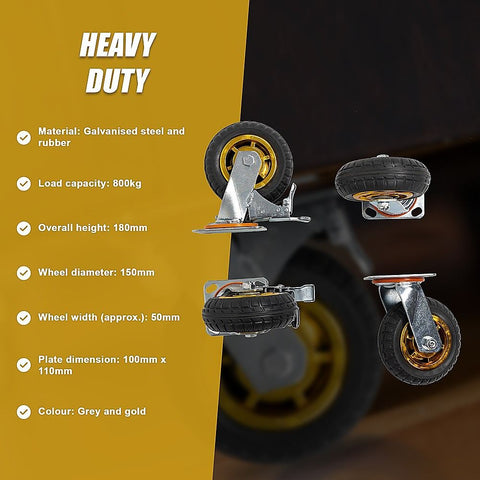 Castor Wheels 4 x 6" 150mm Swivel Silent Caster 2 Brakes 800KG