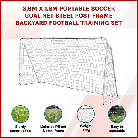 3.6m x 1.8m Portable Soccer Goal Net Steel Post Frame Backyard Football Training Set