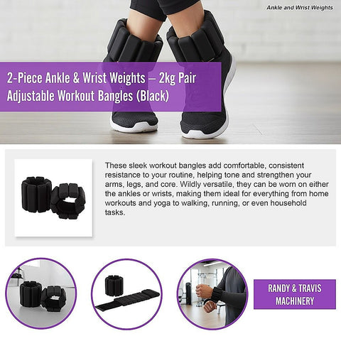 2-Piece Ankle & Wrist Weights – 2kg Pair Adjustable Workout Bangles (Black)