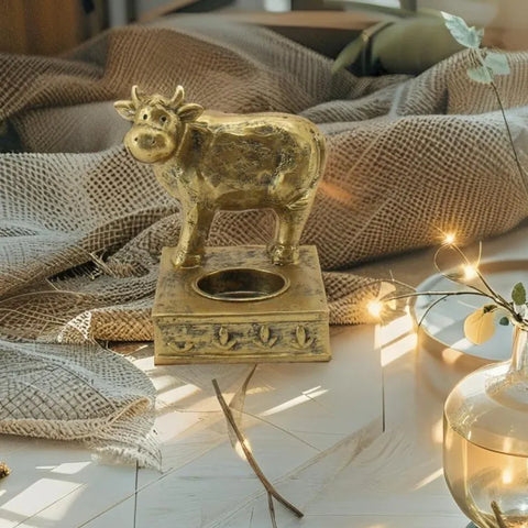 Antique Gold Cow Tealight Candle Holder 11cm