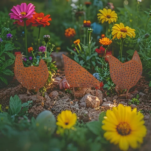 Set 3 Asst Rust Chook Family Garden Stakes 35cm