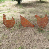 Set 3 Asst Rust Chook Family Garden Stakes 35cm
